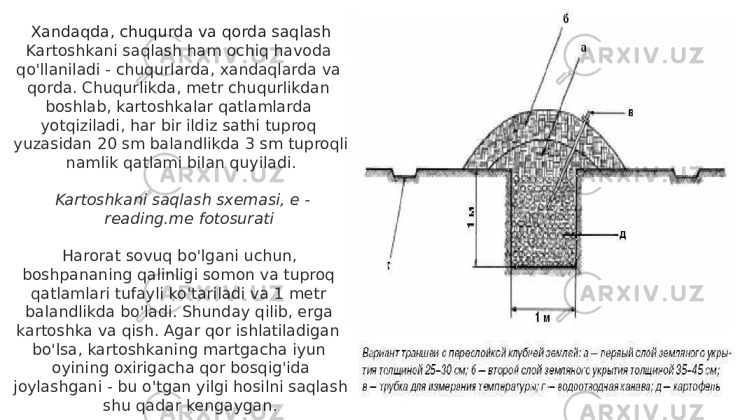 Xandaqda, chuqurda va qorda saqlash Kartoshkani saqlash ham ochiq havoda qo&#39;llaniladi - chuqurlarda, xandaqlarda va qorda. Chuqurlikda, metr chuqurlikdan boshlab, kartoshkalar qatlamlarda yotqiziladi, har bir ildiz sathi tuproq yuzasidan 20 sm balandlikda 3 sm tuproqli namlik qatlami bilan quyiladi.      Kartoshkani saqlash sxemasi, e - reading.me fotosurati Harorat sovuq bo&#39;lgani uchun, boshpananing qalinligi somon va tuproq qatlamlari tufayli ko&#39;tariladi va 1 metr balandlikda bo&#39;ladi. Shunday qilib, erga kartoshka va qish. Agar qor ishlatiladigan bo&#39;lsa, kartoshkaning martgacha iyun oyining oxirigacha qor bosqig&#39;ida joylashgani - bu o&#39;tgan yilgi hosilni saqlash shu qadar kengaygan. 