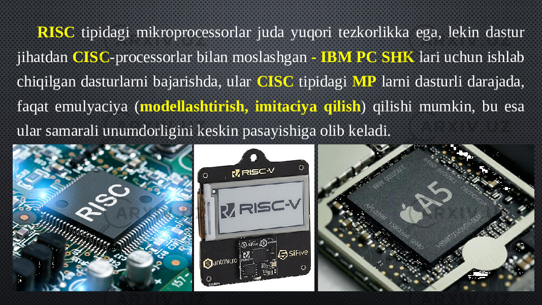 RISC tipidagi mikroprocessorlar juda yuqori tezkorlikka ega, lekin dastur jihatdan CISC -processorlar bilan moslashgan - IBM PC SHK lari uchun ishlab chiqilgan dasturlarni bajarishda, ular CISC tipidagi MP larni dasturli darajada, faqat emulyaciya ( modellashtirish, imitaciya qilish ) qilishi mumkin, bu esa ular samarali unumdorligini keskin pasayishiga olib keladi. 