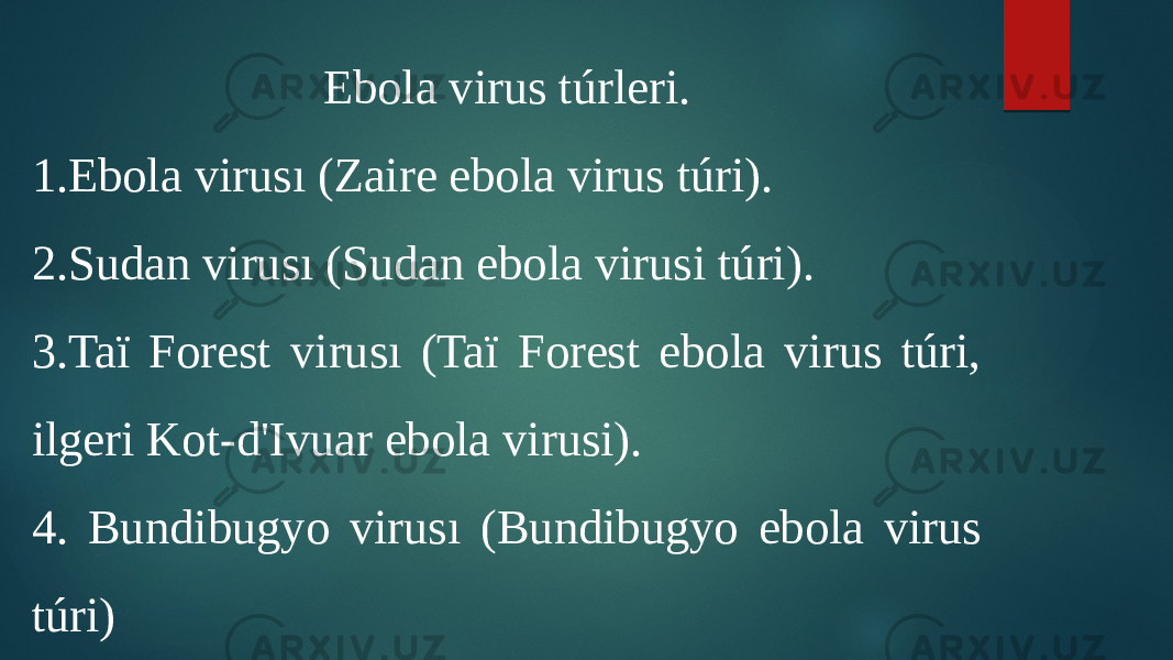 Ebola virus túrleri. 1.Ebola virusı (Zaire ebola virus túri). 2.Sudan virusı (Sudan ebola virusi túri). 3.Taï Forest virusı (Taï Forest ebola virus túri, ilgeri Kot-d&#39;Ivuar ebola virusi). 4. Bundibugyo virusı (Bundibugyo ebola virus túri) 