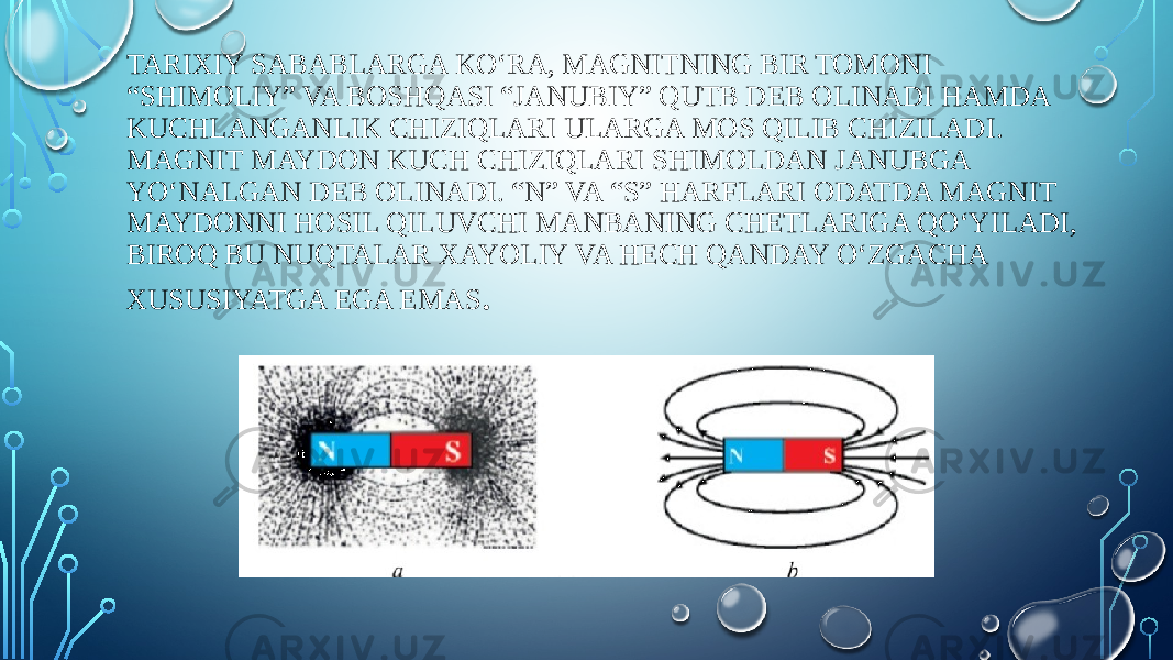 TARIXIY SABABLARGA KOʻRA, MAGNITNING BIR TOMONI “SHIMOLIY” VA BOSHQASI “JANUBIY” QUTB DEB OLINADI HAMDA KUCHLANGANLIK CHIZIQLARI ULARGA MOS QILIB CHIZILADI. MAGNIT MAYDON KUCH CHIZIQLARI SHIMOLDAN JANUBGA YOʻNALGAN DEB OLINADI. “N” VA “S” HARFLARI ODATDA MAGNIT MAYDONNI HOSIL QILUVCHI MANBANING CHETLARIGA QOʻYILADI, BIROQ BU NUQTALAR XAYOLIY VA HECH QANDAY OʻZGACHA XUSUSIYATGA EGA EMAS . 