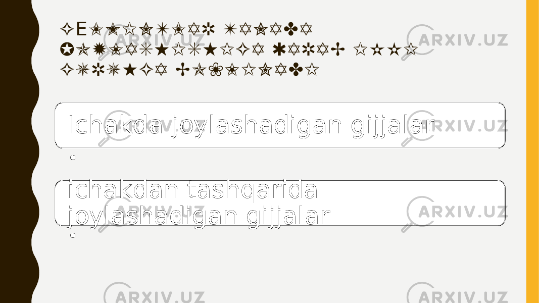 G L M I N T L A R T A N A D A Е J O Y L A S H I S H I G A Q A R A B I K K I G U R U H G A B O ` L I N A D I Ichakda joylashadigan gijjalar. • ichakdan tashqarida joylashadigan gijjalar. • 