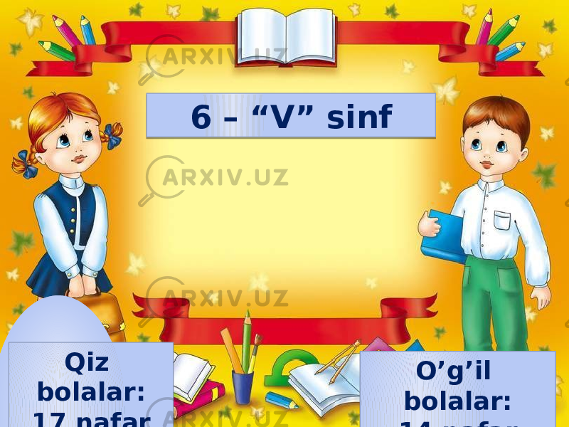 6 – “V” sinf Qiz bolalar: 17 nafar O’g’il bolalar: 14 nafar 0102 0B08 0D0E 13 1516 0D0E0F 13 