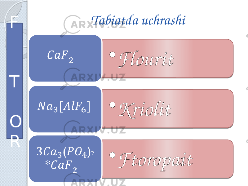 Tabiatda uchrashi • Flourit   • Kriolit   • Ftoropait  F T O R 01 18 01 2A 01 180D 