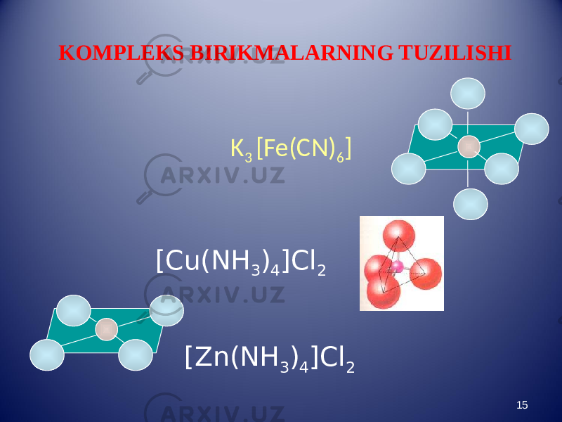 KOMPLEKS BIRIKMALARNING TUZILISHI K 3 [Fe(CN) 6 ] 15[Cu(NH 3 ) 4 ]Cl 2 [Zn(NH 3 ) 4 ]Cl 2 