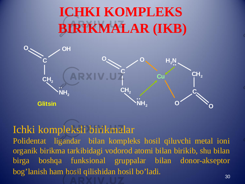 ICHKI KOMPLEKS BIRIKMALAR (IKB) 30CH 2С OH NH 2.. GlitsinO Cu CH 2С O NH 2..O CH 2 СH 2 N .. OO Ichki kompleksli birikmalar Polidentat ligandar bilan kompleks hosil qiluvchi metal ioni organik birikma tarkibidagi vodorod atomi bilan birikib, shu bilan birga boshqa funksional gruppalar bilan donor-akseptor bog’lanish ham hosil qilishidan hosil bo’ladi.   