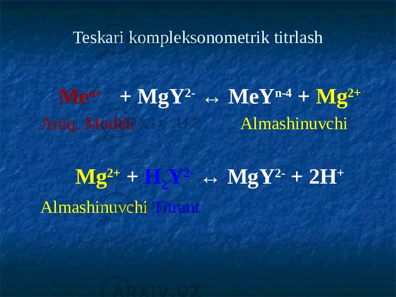 Teskari kompleksonometrik titrlash Ме n+ + МgY 2- ↔ МеY n-4 + Мg 2+ Aniq. Modda Almashinuvchi Мg 2+ + Н 2 Y 2- ↔ МgY 2- + 2Н + Almashinuvchi Titrant 