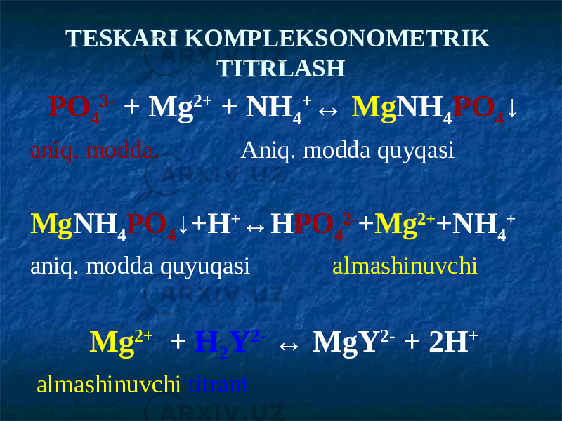 РО 4 3- + Мg 2+ + NH 4 + ↔ Мg NH 4 РО 4 ↓ aniq. modda. Aniq. modda quyqasi Мg NH 4 РО 4 ↓+Н + ↔H РО 4 2- + Мg 2+ +NH 4 + aniq. modda quyuqasi almashinuvchi Мg 2+ + Н 2 Y 2- ↔ МgY 2- + 2Н + almashinuvchi titrantTESKARI KOMPLEKSONOMETRIK TITRLASH 