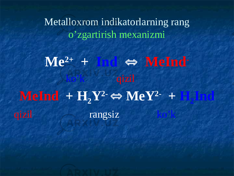 Metalloxrom indikatorlarning rang o’zgartirish mexanizmi Me 2+ + Іnd  MeІnd - ko’k qizil MeІnd + H 2 Y 2-  MeY 2- + H 2 Іnd qizil rangsiz ko’k 