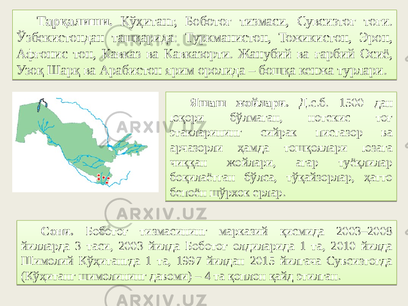 Тарқалиши. Кўҳитанг, Боботоғ тизмаси, Сувсизтоғ тоғи. Ўзбекистондан ташқарида: Туркманистон, Тожикистон, Эрон, Афғонис тон, Кавказ ва Кавказорти. Жанубий ва ғарбий Осиё, Узоқ Шарқ ва Арабистон ярим оролида – бошқа кенжа турлари. Яшаш жойлари. Д.с.б. 1500 дан юқори бўлмаган, нотекис тоғ этакларининг сийрак пистазор ва арчазорли ҳамда тошқоялари юзага чиққан жойлари, агар туёқлилар боқилаётган бўлса, тўқайзорлар, ҳатто бепоён шўрхок ерлар. Сони. Боботоғ тизмасининг марказий қисмида 2003–2008 йилларда 3 таси, 2003 йилда Боботоғ олдиларида 1 та, 2010 йилда Шимолий Кўҳитангда 1 та, 1997 йилдан 2015 йилгача Сувсизтоғда (Кўҳитанг шимолининг давоми) – 4 та қоплон қайд этилган.03 4D 4F3C47 51 09 22 5C0643 4E 5A 10 41 47 47 011B25 0F 15 0B 03 