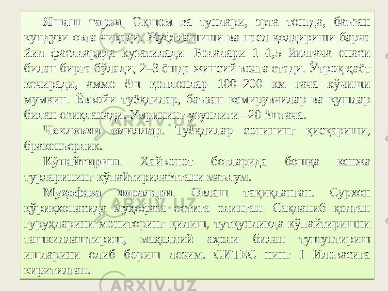 Яшаш тарзи . Оқшом ва тунлари, эрта тонгда, баъзан кундузи овга чиқади. Жуфтлашиши ва насл қолдириши барча йил фаслларида кузатилади. Болалари 1–1,5 йилгача онаси билан бирга бўлади, 2–3 ёшда жинсий вояга етади. Ўтроқ ҳаёт кечиради, аммо ёш қоплонлар 100–200 км гача кўчиши мумкин. Ёввойи туёқлилар, баъзан кемирувчилар ва қушлар билан озиқланади. Умрининг узунлиги –20 ёшгача. Чекловчи омиллар . Туёқлилар сонининг қисқариши, браконьерлик. Кўпайтириш . Ҳайвонот боғларида бошқа кенжа турларининг кўпайтирилаётгани маълум. Муҳофаза чоралари . Овлаш тақиқланган. Сурхон қўриқхонасида муҳофаза остига олинган. Сақланиб қолган гуруҳларини мониторинг қилиш, тутқунликда кўпайтиришни ташкиллаштириш, маҳаллий аҳоли билан тушунтириш ишларини олиб бориш лозим. СИТЕС нинг I Иловасига киритилган.22 0607 16 15 47 16 3B 47 0A 0607 47 102C2D 0607 18 06 06 3A 38 18 36 16 