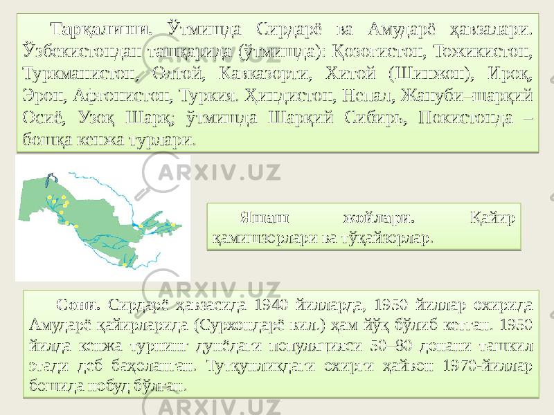 Тарқалиши. Ўтмишда Сирдарё ва Амударё ҳавзалари. Ўзбекистондан ташқарида (ўтмишда): Қозоғистон, Тожикистон, Туркманистон, Олтой, Кавказорти, Хитой (Шинжон), Ироқ, Эрон, Афғонистон, Туркия. Ҳиндистон, Непал, Жануби–шарқий Осиё, Узоқ Шарқ; ўтмишда Шарқий Сибирь, Покистонда – бошқа кенжа турлари. Яшаш жойлари. Қайир қамишзорлари ва тўқайзорлар. Сони. Сирдарё ҳавзасида 1940 йилларда, 1950 йиллар охирида Амударё қайирларида (Сурхондарё вил.) ҳам йўқ бўлиб кетган. 1950 йилда кенжа турнинг дунёдаги популяцияси 50–80 донани ташкил этади деб баҳоланган. Тутқунликдаги охирги ҳайвон 1970-йиллар бошида нобуд бўлган.03 4F 4F3C47 48 52 46 47174A3A 2221 08 3A10 01 4B 51 15 5A 47 