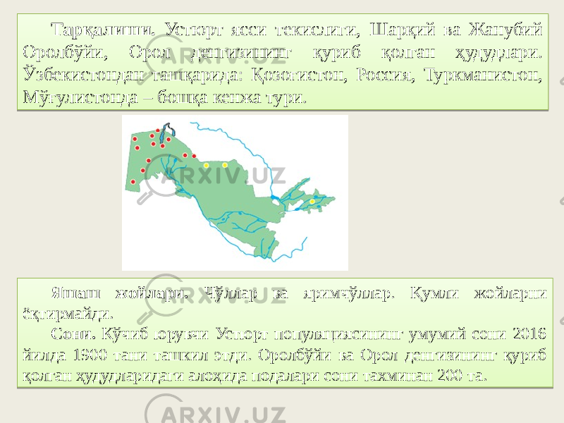 Тарқалиши. Устюрт ясси текислиги, Шарқий ва Жанубий Оролбўйи, Орол денгизининг қуриб қолган ҳудудлари. Ўзбекистондан ташқарида: Қозоғистон, Россия, Туркманистон, Мўғулистонда – бошқа кенжа тури. Яшаш жойлари. Чўллар ва яримчўллар. Қумли жойларни ёқтирмайди. Сони. Кўчиб юрувчи Устюрт популяциясининг умумий сони 2016 йилда 1900 тани ташкил этди. Оролбўйи ва Орол денгизининг қуриб қолган ҳудудларидаги алоҳида подалари сони тахминан 200 та.03 09 46 4F3C47 0A 2221 61423D 55 011B25 4D 15 3A 