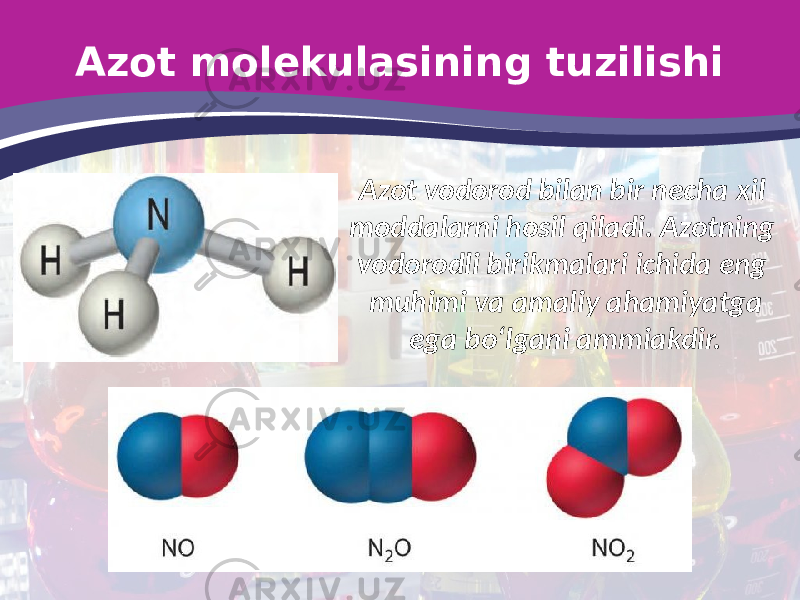 Azot molekulasining tuzilishi Azot vodorod bilan bir necha xil moddalarni hosil qiladi. Azotning vodorodli birikmalari ichida eng muhimi va amaliy ahamiyatga ega bo‘lgani ammiakdir. 