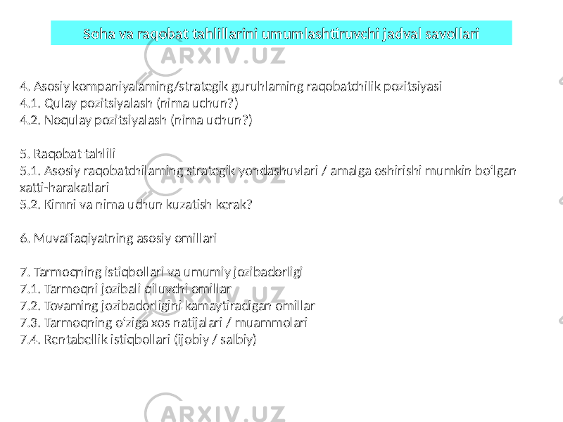 Soha va raqobat tahlillarini umumlashtiruvchi jadval savollari 4. Asosiy kompaniyalaming/strategik guruhlaming raqobatchilik pozitsiyasi 4.1. Qulay pozitsiyalash (nima uchun?) 4.2. Noqulay pozitsiyalash (nima uchun?) 5. Raqobat tahlili 5.1. Asosiy raqobatchilaming strategik yondashuvlari / amalga oshirishi mumkin bo‘lgan xatti-harakatlari 5.2. Kimni va nima uchun kuzatish kerak? 6. Muvaffaqiyatning asosiy omillari 7. Tarmoqning istiqbollari va umumiy jozibadorligi 7.1. Tarmoqni jozibali qiluvchi omillar 7.2. Tovaming jozibadorligini kamaytiradigan omillar 7.3. Tarmoqning o‘ziga xos natijalari / muammolari 7.4. Rentabellik istiqbollari (ijobiy / salbiy) 