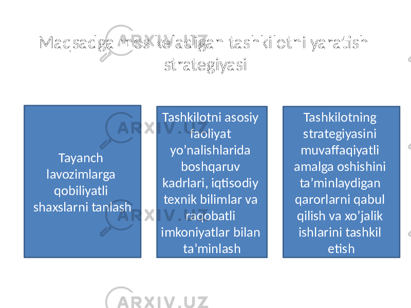 Maqsadga mos keladigan tashkilotni yaratish strategiyasi Tayanch lavozimlarga qobiliyatli shaxslarni tanlash Tashkilotni asosiy faoliyat yo’nalishlarida boshqaruv kadrlari, iqtisodiy texnik bilimlar va raqobatli imkoniyatlar bilan ta’minlash Tashkilotning strategiyasini muvaffaqiyatli amalga oshishini ta’minlaydigan qarorlarni qabul qilish va xo’jalik ishlarini tashkil etish 