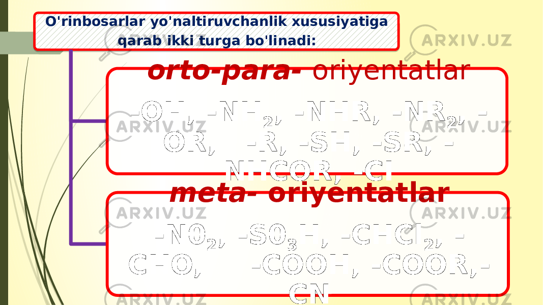 O&#39;rinbosarlar yo&#39;naltiruvchanlik xususiyatiga qarab ikki turga bo&#39;linadi: orto-para- oriyentatlar -OH, -NH 2 , -NHR, -NR 2 , - OR, -R, -SH, -SR, - NHCOR, -CI meta- oriyentatlar -N0 2 , -S0 3 H, -CHCl 2 , - CHO, -COOH, -COOR,- CN 113E 26 