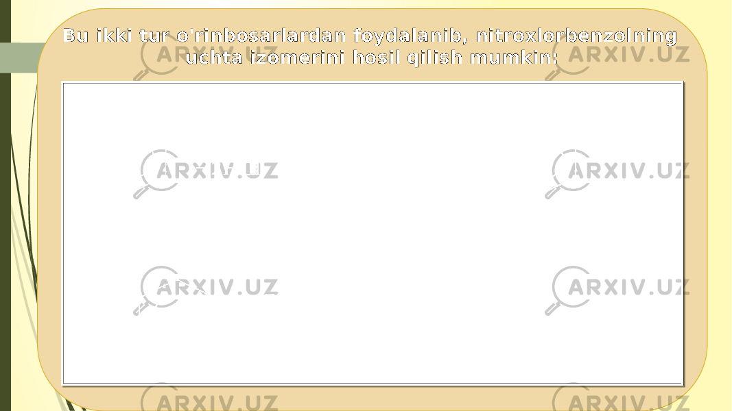 Bu ikki tur o&#39;rinbosarlardan foydalanib, nitroxlorbenzolning uchta izomerini hosil qilish mumkin:   