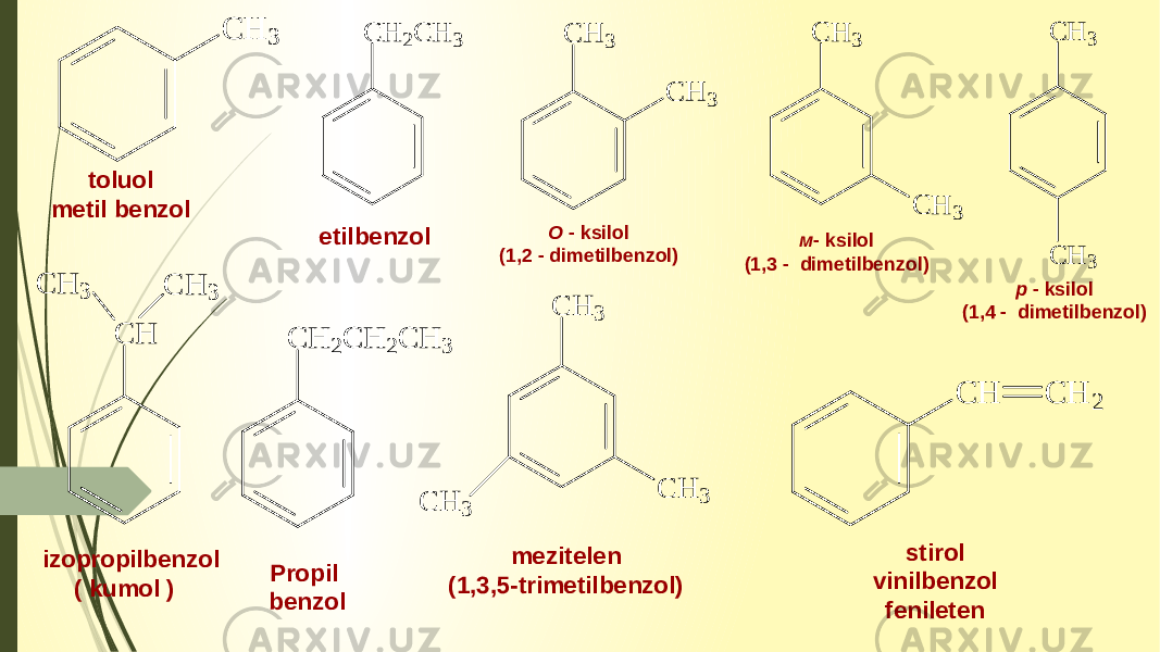 toluol metil benzol О - ksilol (1,2 - dimetilbenzol) м - ksilol (1,3 - dimetilbenzol) p - ksilol (1,4 - dimetilbenzol) etilbenzol izopropilbenzol ( kumol ) Propil benzol mezitelen (1,3,5-trimetilbenzol) stirol vinilbenzol feniletenC H3 C H 3 C H 3 C H 3 C H 3 C H 3 C H 3 C H 2C H 3 C H 2C H 2C H 3 C H C H 3 C H 3 C H 3 C H 3 C H 3 C H C H 2 