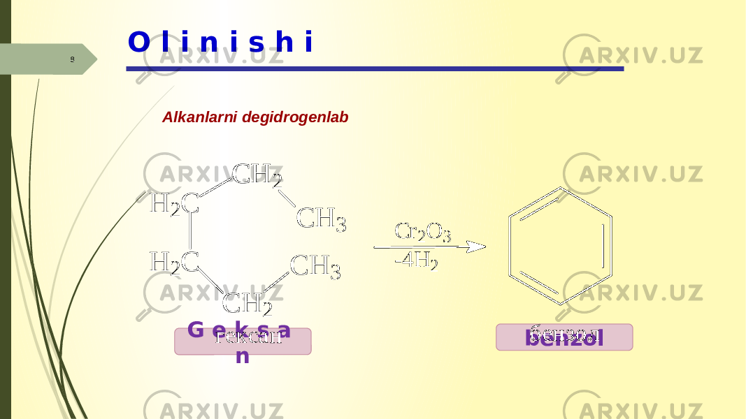 8 O l i n i s h i Alkanlarni degidrogenlab G e k s a n benzolH 2 C H 2 C C H 2 C H 2 C H 3 C H 3 - 4 H 2 C r 2 O 3 г е к с а н б е н з о л 