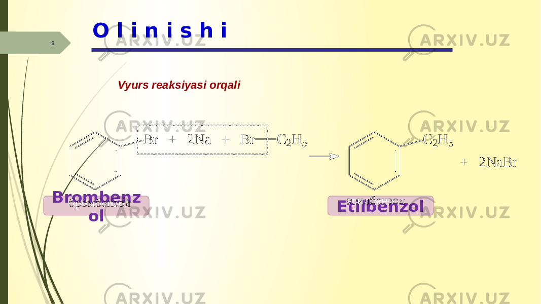 9 O l i n i s h i Vyurs reaksiyasi orqali Brombenz ol EtilbenzolB r + 2 N a + B r C 2H 5 C 2H 5 + 2 N a B r б р о м б ен зо л эти л б ен зо л 