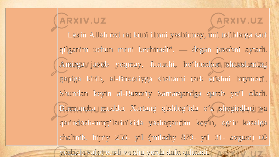 Lekin Alloh oxi rat kuni ilmni yashirmay, uni toliblarga sarf qilganim uchun meni kechiradi”, — degan javobni aytadi. Amirga javob yoqmay, fitnachi, bo‘htonkor shaxslarning gapiga kirib, al-Buxoriyga shaharni tark etishni buyuradi. Shundan keyin al-Buxoriy Samarqandga qarab yo‘l oladi. Birmuncha muddat Xartang qishlog‘ida o‘z shogirdlari va qarindosh-urug‘larinikida yashagandan keyin, og‘ir kasalga chalinib, hijriy 256- yil (milodiy 870- yil 31- avgust) 60 yoshida vafot etadi va shu yerda dafn qilinadi. 