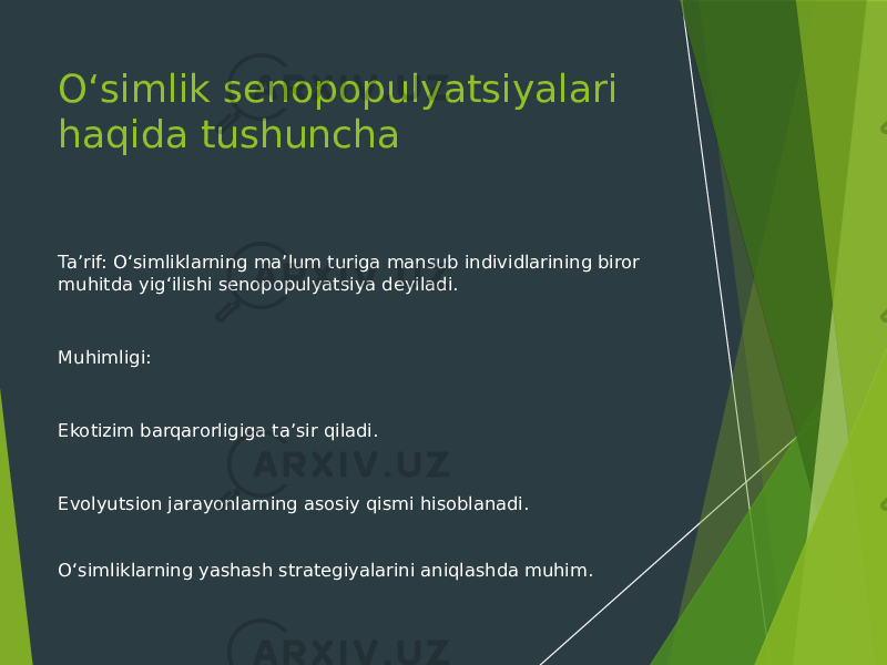 O‘simlik senopopulyatsiyalari haqida tushuncha Ta’rif: O‘simliklarning ma’lum turiga mansub individlarining biror muhitda yig‘ilishi senopopulyatsiya deyiladi. Muhimligi: Ekotizim barqarorligiga ta’sir qiladi. Evolyutsion jarayonlarning asosiy qismi hisoblanadi. O‘simliklarning yashash strategiyalarini aniqlashda muhim. 