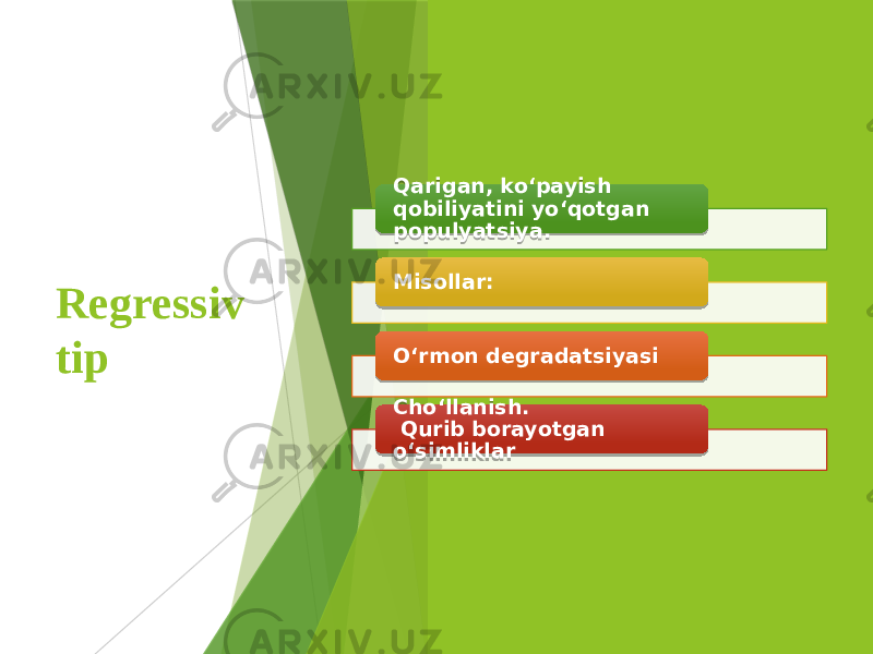 Regressiv tip Qarigan, ko‘payish qobiliyatini yo‘qotgan populyatsiya. Misollar: O‘rmon degradatsiyasi Cho‘llanish. Qurib borayotgan o‘simliklar 22 25 05 26 27 28 0D 04 