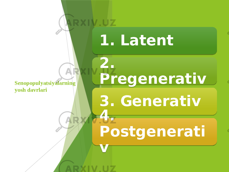 Senopopulyatsiyalarning yosh davrlari 1. Latent 2. Pregenerativ 3. Generativ 4. Postgenerati v 1B 1E 2A16021402030216090A 20 2C 2A040B 18 