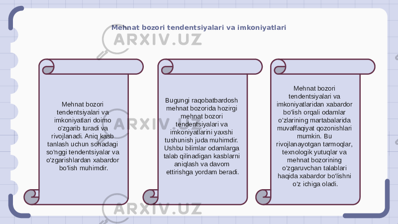 Mehnat bozori tendentsiyalari va imkoniyatlari Mehnat bozori tendentsiyalari va imkoniyatlari doimo o&#39;zgarib turadi va rivojlanadi. Aniq kasb tanlash uchun sohadagi so&#39;nggi tendentsiyalar va o&#39;zgarishlardan xabardor bo&#39;lish muhimdir. Bugungi raqobatbardosh mehnat bozorida hozirgi mehnat bozori tendentsiyalari va imkoniyatlarini yaxshi tushunish juda muhimdir. Ushbu bilimlar odamlarga talab qilinadigan kasblarni aniqlash va davom ettirishga yordam beradi. Mehnat bozori tendentsiyalari va imkoniyatlaridan xabardor bo&#39;lish orqali odamlar o&#39;zlarining martabalarida muvaffaqiyat qozonishlari mumkin. Bu rivojlanayotgan tarmoqlar, texnologik yutuqlar va mehnat bozorining o&#39;zgaruvchan talablari haqida xabardor bo&#39;lishni o&#39;z ichiga oladi. 