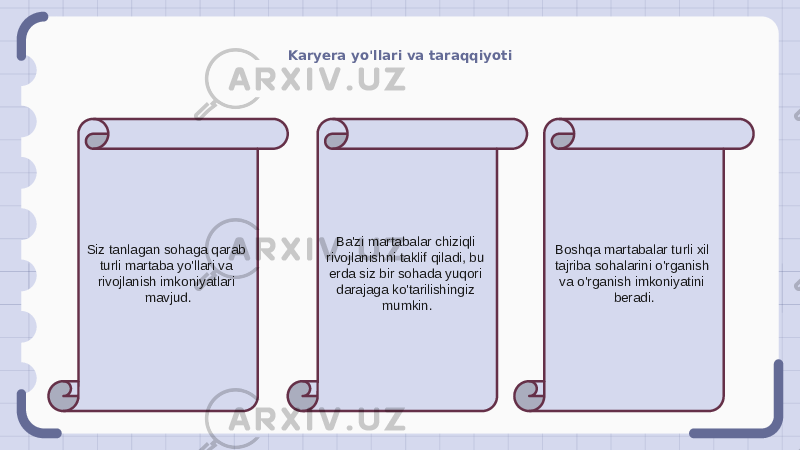 Karyera yo&#39;llari va taraqqiyoti Siz tanlagan sohaga qarab turli martaba yo&#39;llari va rivojlanish imkoniyatlari mavjud. Ba&#39;zi martabalar chiziqli rivojlanishni taklif qiladi, bu erda siz bir sohada yuqori darajaga ko&#39;tarilishingiz mumkin. Boshqa martabalar turli xil tajriba sohalarini o&#39;rganish va o&#39;rganish imkoniyatini beradi. 