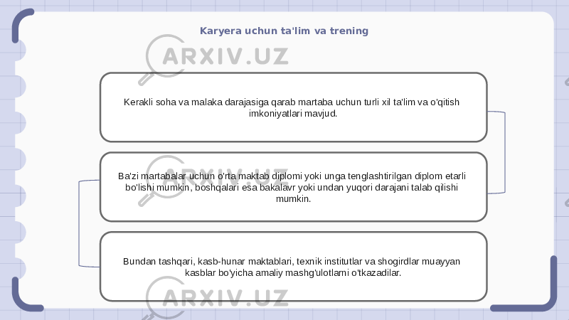 Karyera uchun ta&#39;lim va trening Kerakli soha va malaka darajasiga qarab martaba uchun turli xil ta&#39;lim va o&#39;qitish imkoniyatlari mavjud. Ba&#39;zi martabalar uchun o&#39;rta maktab diplomi yoki unga tenglashtirilgan diplom etarli bo&#39;lishi mumkin, boshqalari esa bakalavr yoki undan yuqori darajani talab qilishi mumkin. Bundan tashqari, kasb-hunar maktablari, texnik institutlar va shogirdlar muayyan kasblar bo&#39;yicha amaliy mashg&#39;ulotlarni o&#39;tkazadilar. 