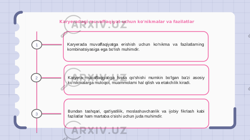 Karyeradagi muvaffaqiyat uchun ko&#39;nikmalar va fazilatlar Karyerada muvaffaqiyatga erishish uchun ko&#39;nikma va fazilatlarning kombinatsiyasiga ega bo&#39;lish muhimdir. Karyera muvaffaqiyatiga hissa qo&#39;shishi mumkin bo&#39;lgan ba&#39;zi asosiy ko&#39;nikmalarga muloqot, muammolarni hal qilish va etakchilik kiradi. Bundan tashqari, qat&#39;iyatlilik, moslashuvchanlik va ijobiy fikrlash kabi fazilatlar ham martaba o&#39;sishi uchun juda muhimdir.1 2 3 