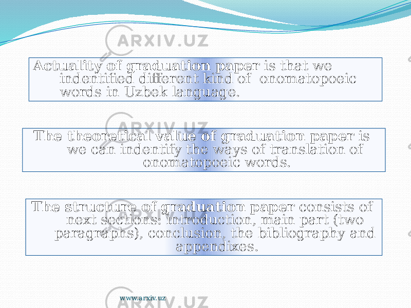 Actuality of graduation paper is that we indentified different kind of onomatopoeic words in Uzbek language. The theoretical value of graduation paper is we can indentify the ways of translation of onomatopoeic words. The structure of graduation paper consists of next sections: introduction, main part (two paragraphs), conclusion, the bibliography and appendixes. www.arxiv.uz230A 0B 06 01 01 0B 1213 0B 01 0D 01 0B 10 12 0312 