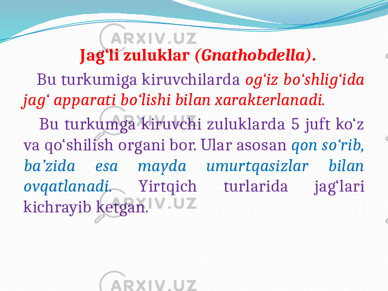  Jag‘li zuluklar (Gnathobdella). Bu turkumiga kiruvchilarda og‘iz bo‘shlig‘ida jag‘ apparati bo‘lishi bilan xarakterlanadi. Bu turkumga kiruvchi zuluklarda 5 juft ko‘z va qo‘shilish organi bor. Ular asosan qon so‘rib, ba’zida esa mayda umurtqasizlar bilan ovqatlanadi. Yirtqich turlarida jag‘lari kichrayib ketgan. 