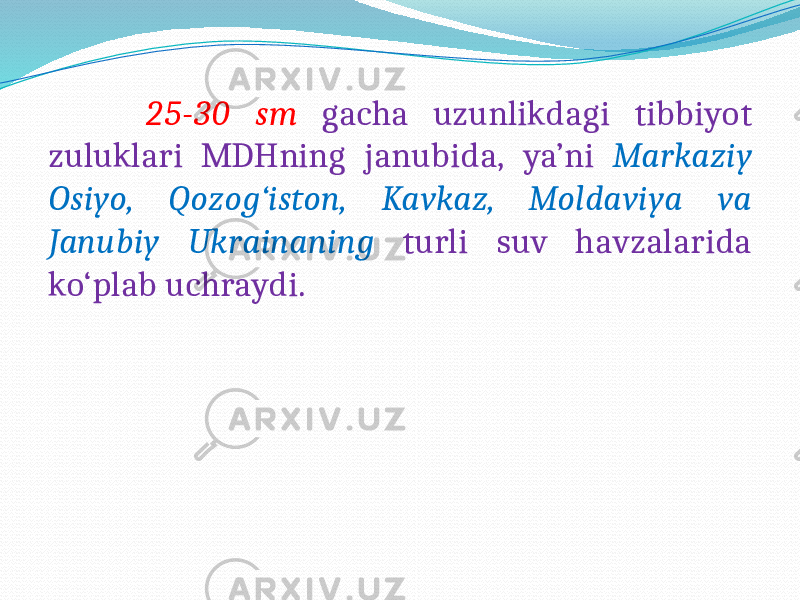  25-30 sm gacha uzunlikdagi tibbiyot zuluklari MDHning janubida, ya’ni Markaziy Osiyo, Qozog‘iston, Kavkaz, Moldaviya va Janubiy Ukrainaning turli suv havzalarida ko‘plab uchraydi. 