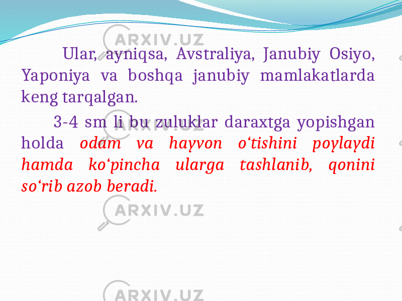  Ular, ayniqsa, Avstraliya, Janubiy Osiyo, Yaponiya va boshqa janubiy mamlakatlarda keng tarqalgan. 3-4 sm li bu zuluklar daraxtga yopishgan holda odam va hayvon o‘tishini poylaydi hamda ko‘pincha ularga tashlanib, qonini so‘rib azob beradi. 