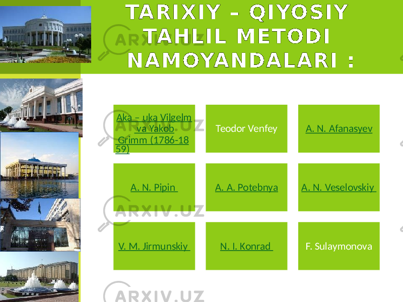 TA R I X I Y – Q I YO S I Y TA H L I L M E T O D I N A M OYA N D A L A R I :9 Aka – uka Vilgelm va Yakob Grimm (1786-18 59) Teodor Venfey A. N. Afanasyev A. N. Pipin A. A. Potebnya A. N. Veselovskiy V. M. Jirmunskiy N. I. Konrad F. Sulaymonova 