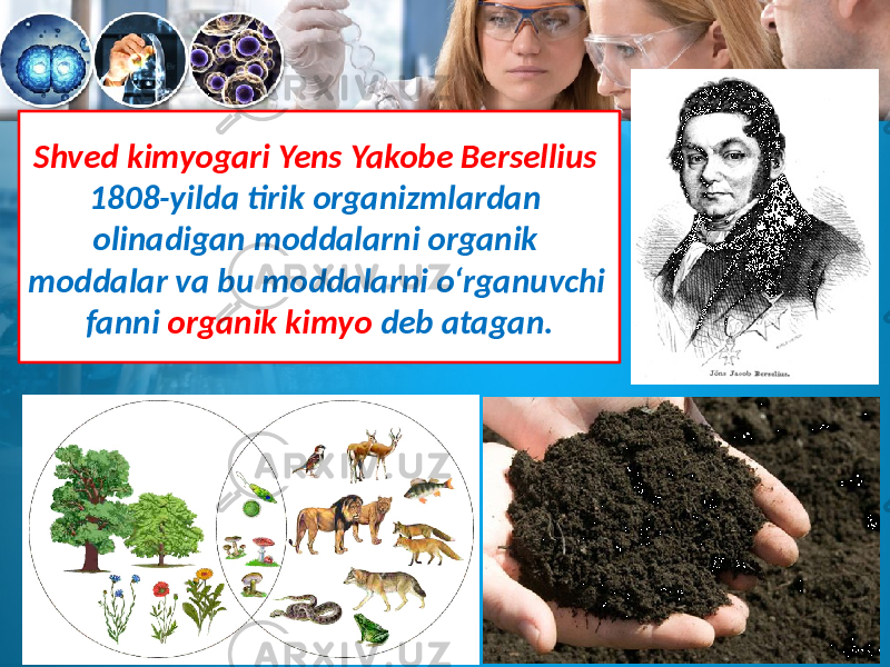 Shved kimyogari Yens Yakobe Bersellius 1808-yilda tirik organizmlardan olinadigan moddalarni organik moddalar va bu moddalarni o‘rganuvchi fanni organik kimyo deb atagan. 