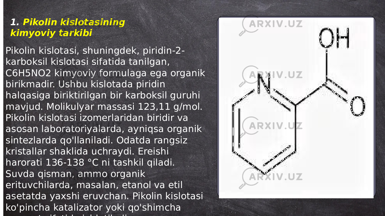 ... t.me/slaydai_bot1. Pikolin kislotasining kimyoviy tarkibi Pikolin kislotasi, shuningdek, piridin-2- karboksil kislotasi sifatida tanilgan, C6H5NO2 kimyoviy formulaga ega organik birikmadir. Ushbu kislotada piridin halqasiga biriktirilgan bir karboksil guruhi mavjud. Molikulyar massasi 123,11 g/mol. Pikolin kislotasi izomerlaridan biridir va asosan laboratoriyalarda, ayniqsa organik sintezlarda qo&#39;llaniladi. Odatda rangsiz kristallar shaklida uchraydi. Ereishi harorati 136-138 °C ni tashkil qiladi. Suvda qisman, ammo organik erituvchilarda, masalan, etanol va etil asetatda yaxshi eruvchan. Pikolin kislotasi ko&#39;pincha katalizator yoki qo&#39;shimcha reagent sifatida ishlatiladi. 