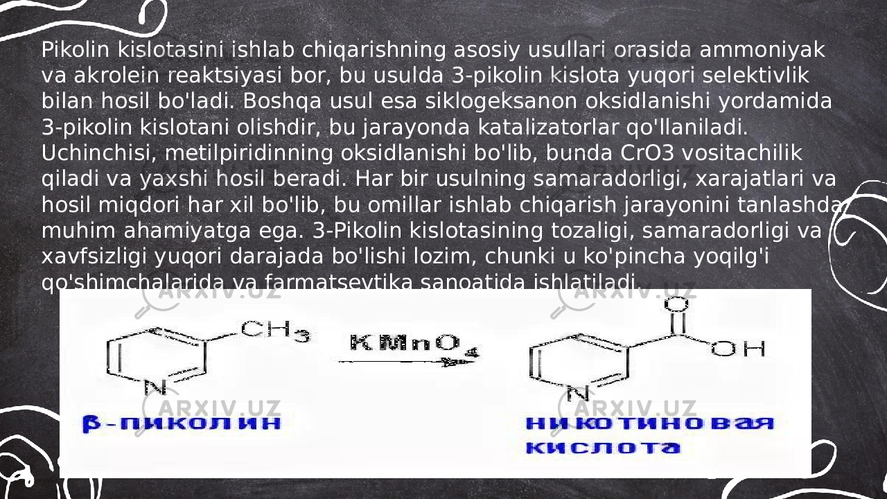 ... t.me/slaydai_botPikolin kislotasini ishlab chiqarishning asosiy usullari orasida ammoniyak va akrolein reaktsiyasi bor, bu usulda 3-pikolin kislota yuqori selektivlik bilan hosil bo&#39;ladi. Boshqa usul esa siklogeksanon oksidlanishi yordamida 3-pikolin kislotani olishdir, bu jarayonda katalizatorlar qo&#39;llaniladi. Uchinchisi, metilpiridinning oksidlanishi bo&#39;lib, bunda CrO3 vositachilik qiladi va yaxshi hosil beradi. Har bir usulning samaradorligi, xarajatlari va hosil miqdori har xil bo&#39;lib, bu omillar ishlab chiqarish jarayonini tanlashda muhim ahamiyatga ega. 3-Pikolin kislotasining tozaligi, samaradorligi va xavfsizligi yuqori darajada bo&#39;lishi lozim, chunki u ko&#39;pincha yoqilg&#39;i qo&#39;shimchalarida va farmatsevtika sanoatida ishlatiladi. 