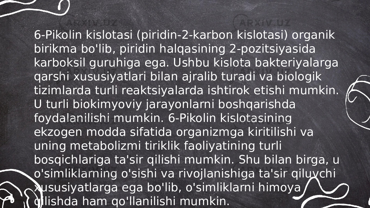 ... t.me/slaydai_bot6-Pikolin kislotasi (piridin-2-karbon kislotasi) organik birikma bo&#39;lib, piridin halqasining 2-pozitsiyasida karboksil guruhiga ega. Ushbu kislota bakteriyalarga qarshi xususiyatlari bilan ajralib turadi va biologik tizimlarda turli reaktsiyalarda ishtirok etishi mumkin. U turli biokimyoviy jarayonlarni boshqarishda foydalanilishi mumkin. 6-Pikolin kislotasining ekzogen modda sifatida organizmga kiritilishi va uning metabolizmi tiriklik faoliyatining turli bosqichlariga ta&#39;sir qilishi mumkin. Shu bilan birga, u o&#39;simliklarning o&#39;sishi va rivojlanishiga ta&#39;sir qiluvchi xususiyatlarga ega bo&#39;lib, o&#39;simliklarni himoya qilishda ham qo&#39;llanilishi mumkin. 