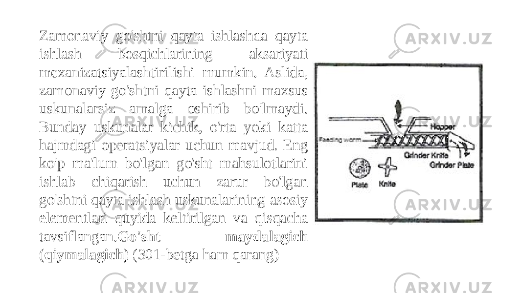 Zamonaviy go&#39;shtni qayta ishlashda qayta ishlash bosqichlarining aksariyati mexanizatsiyalashtirilishi mumkin. Aslida, zamonaviy go&#39;shtni qayta ishlashni maxsus uskunalarsiz amalga oshirib bo&#39;lmaydi. Bunday uskunalar kichik, o&#39;rta yoki katta hajmdagi operatsiyalar uchun mavjud. Eng ko&#39;p ma&#39;lum bo&#39;lgan go&#39;sht mahsulotlarini ishlab chiqarish uchun zarur bo&#39;lgan go&#39;shtni qayta ishlash uskunalarining asosiy elementlari quyida keltirilgan va qisqacha tavsiflangan. Go&#39;sht maydalagich (qiymalagich)  (301-betga ham qarang) 