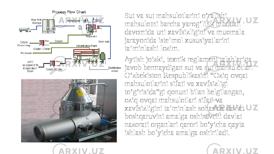 Sut va sut mahsulotlarini o‘ralishi mahsulotni barcha yarog‘lilik muddati davomida uni xavfsizligini va muomala jarayonida isteʼmol xususiyatlarini taʼminlashi lozim. Aytish joizki, texnik reglament talablariga javob bermaydigan sut va sut mahsulotlari O‘zbekiston Respublikasini “Oziq-ovqat mahsulotlarini sifati va xavfsizligi to‘g‘risida”gi qonuni bilan belgilangan, oziq-ovqat mahsulotlari sifati va xavfsizligini taʼminlash sohasida davlat boshqaruvini amalga oshiruvchi davlat nazorati organlari qarori bo‘yicha qayta ishlash bo`yicha amalga oshiriladi. 