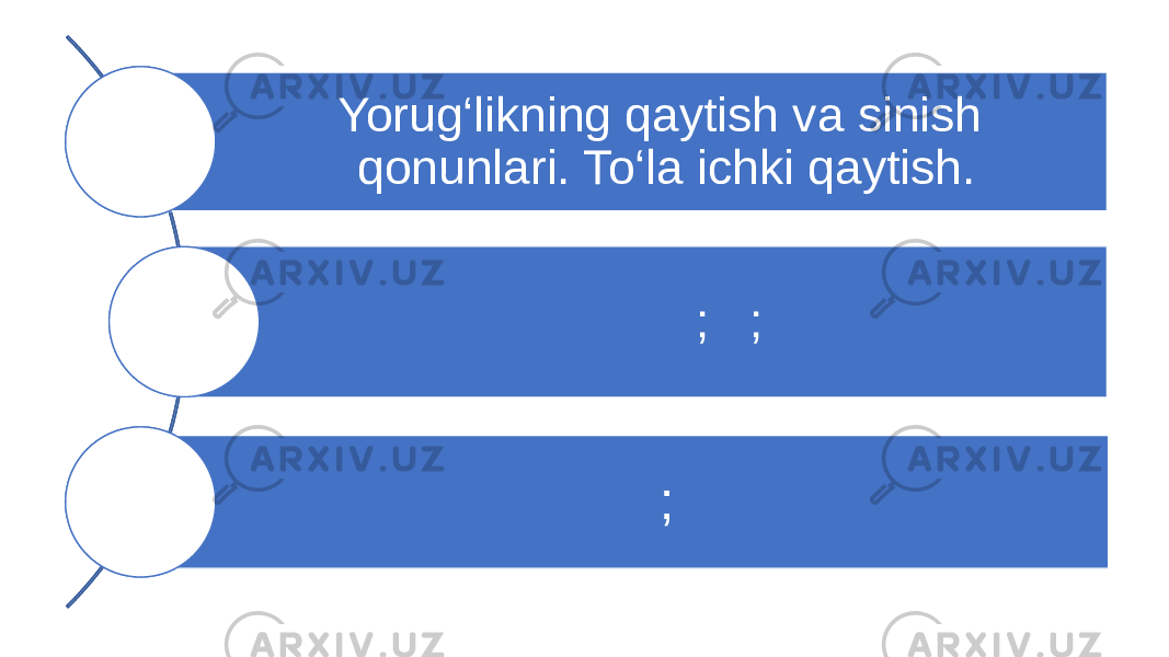 Yorug‘likning qaytish va sinish qonunlari. To‘la ichki qaytish. ; ; ; Yorug‘likning qaytish va sinish qonunlari. To‘la ichki qaytish. ; ; ; 