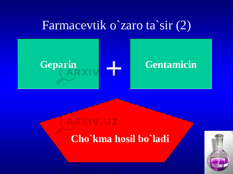 Farmacevtik o`zaro ta`sir (2) Geparin Gentamicin Cho`kma hosil bo`ladi + 