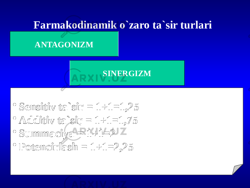 Farmakodinamik o`zaro ta`sir turlari SINERGIZMANTAGONIZM • Sensitiv ta`sir = 1+1=1,25 • Additiv ta`sir = 1+1=1,75 • Summaciya = 1+1=2 • Potencirlash = 1+1=2,25 