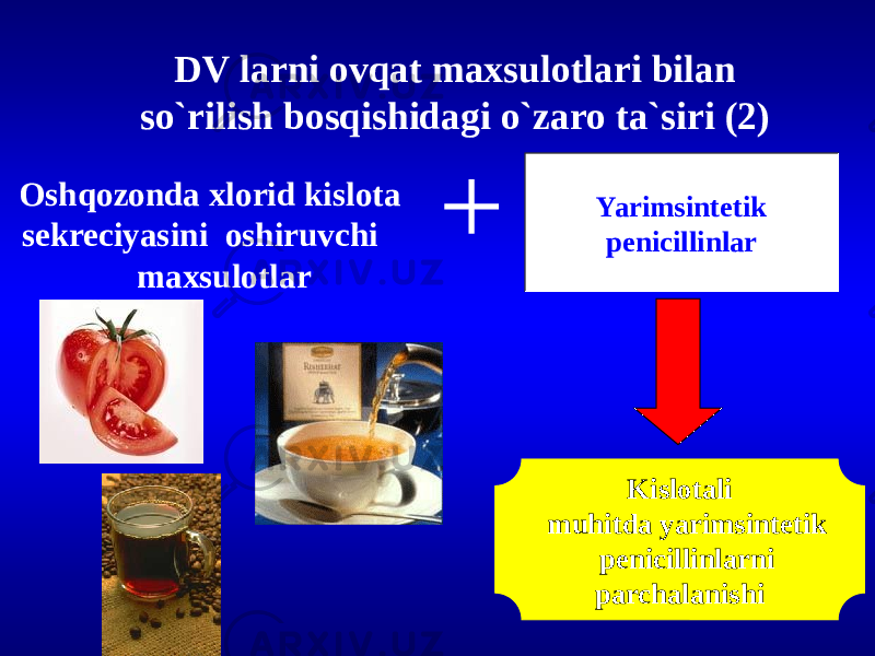 DV larni ovqat maxsulotlari bilan so`rilish bosqishidagi o`zaro ta`siri (2) Oshqozonda xlorid kislota sekreciyasini oshiruvchi maxsulotlar Yarimsintetik penicillinlar+ Kislotali muhitda yarimsintetik penicillinlarni parchalanishi 