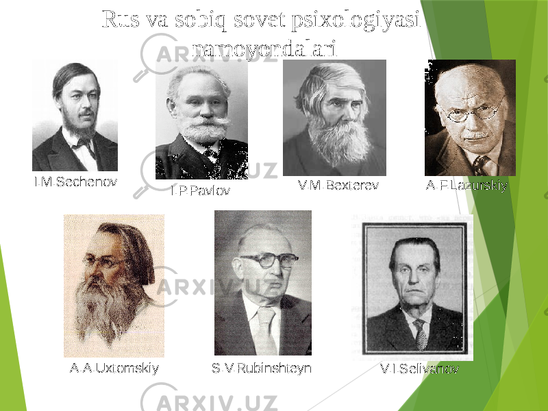 Rus va sobiq sovet psixologiyasi namoyondalari I.M.Sechenov I.P.Pavlov V.M.Bexterev A.F.Lazurskiy A.A.Uxtomskiy S.V.Rubinshteyn V.I.Selivanov 