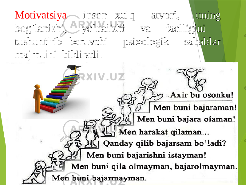 Motivatsiya inson xulq atvori, uning bog`lanishi, yo`nalishi va faolligini tushuntirib beruvchi psixologik sabablar majmuini bildiradi. 