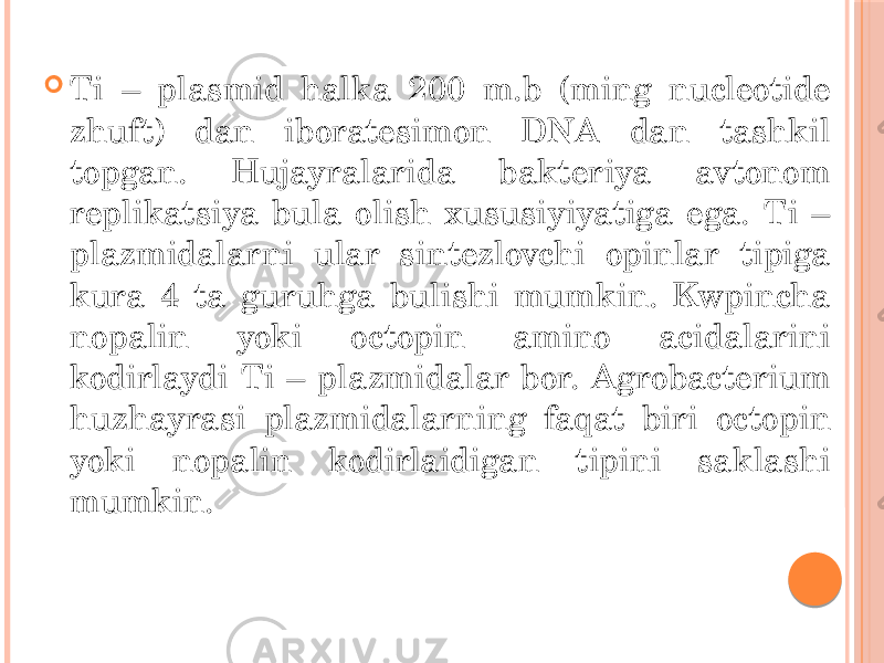  Ti – plasmid halka 200 m.b (ming nucleotide zhuft) dan iboratesimon DNA dan tashkil topgan. Hujayralarida bakteriya avtonom replikatsiya bula olish xususiyiyatiga ega. Ti – plazmidalarni ular sintezlovchi opinlar tipiga kura 4 ta guruhga bulishi mumkin. Kwpincha nopalin yoki octopin amino acidalarini kodirlaydi Ti – plazmidalar bor. Agrobacterium huzhayrasi plazmidalarning faqat biri octopin yoki nopalin kodirlaidigan tipini saklashi mumkin. 